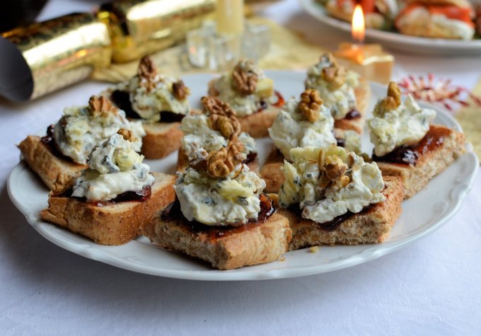 Stilton and Walnut Open Danish Sandwich Toasts with Cranberry Relish