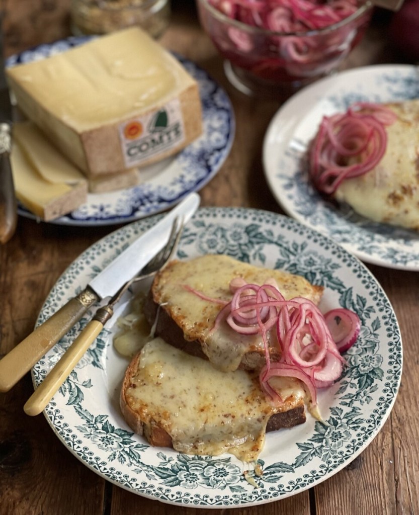 Comté Rarebit on Sourdough Toast with Quick Pickled Red Onions