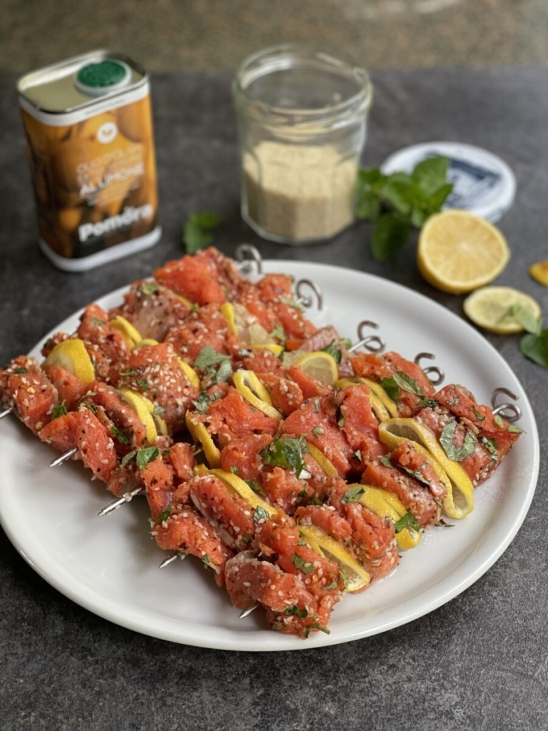 BBQ Greek Style Salmon Kebabs