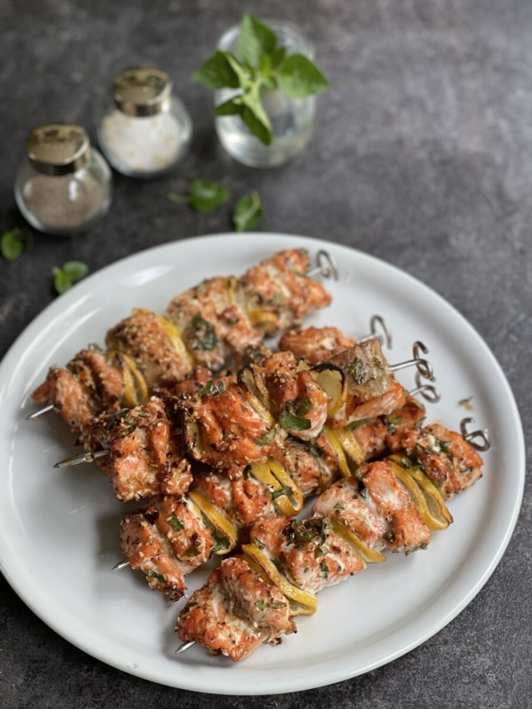 BBQ Greek Style Salmon Kebabs