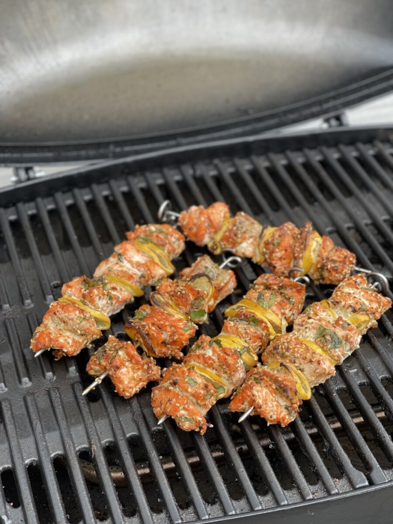 BBQ Greek Style Salmon Kebabs