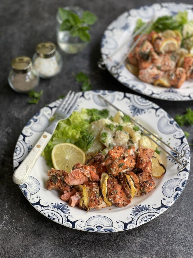 BBQ Greek Style Salmon Kebabs