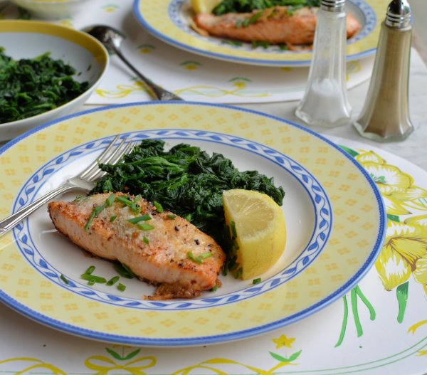 Fish on Friday: Parmesan & Chive Salmon with Garlic & Nutmeg Spinach Recipe