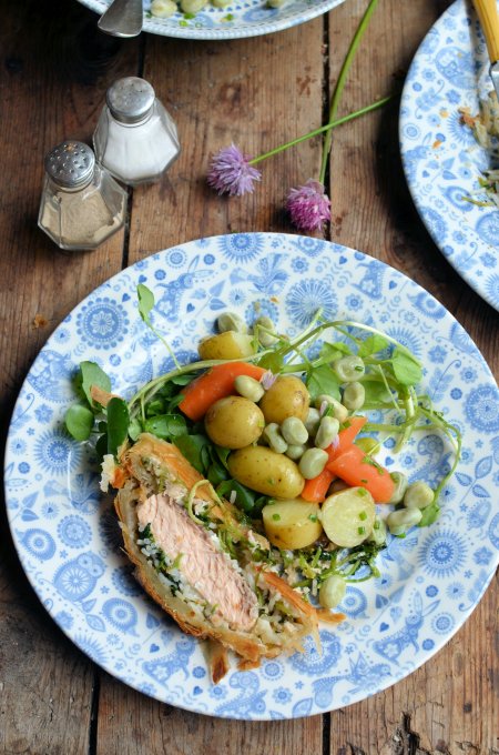 Salmon en Croûte with Summer Vegetable Medley and Chive Butter